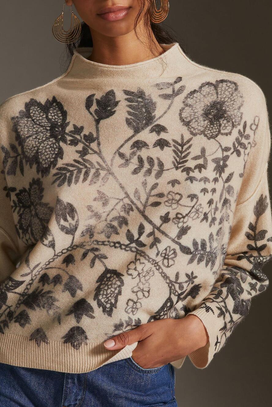Anthropologie Pilcro Pure Cashmere Sweater Womens XS Alani Floral Mock Neck Knit